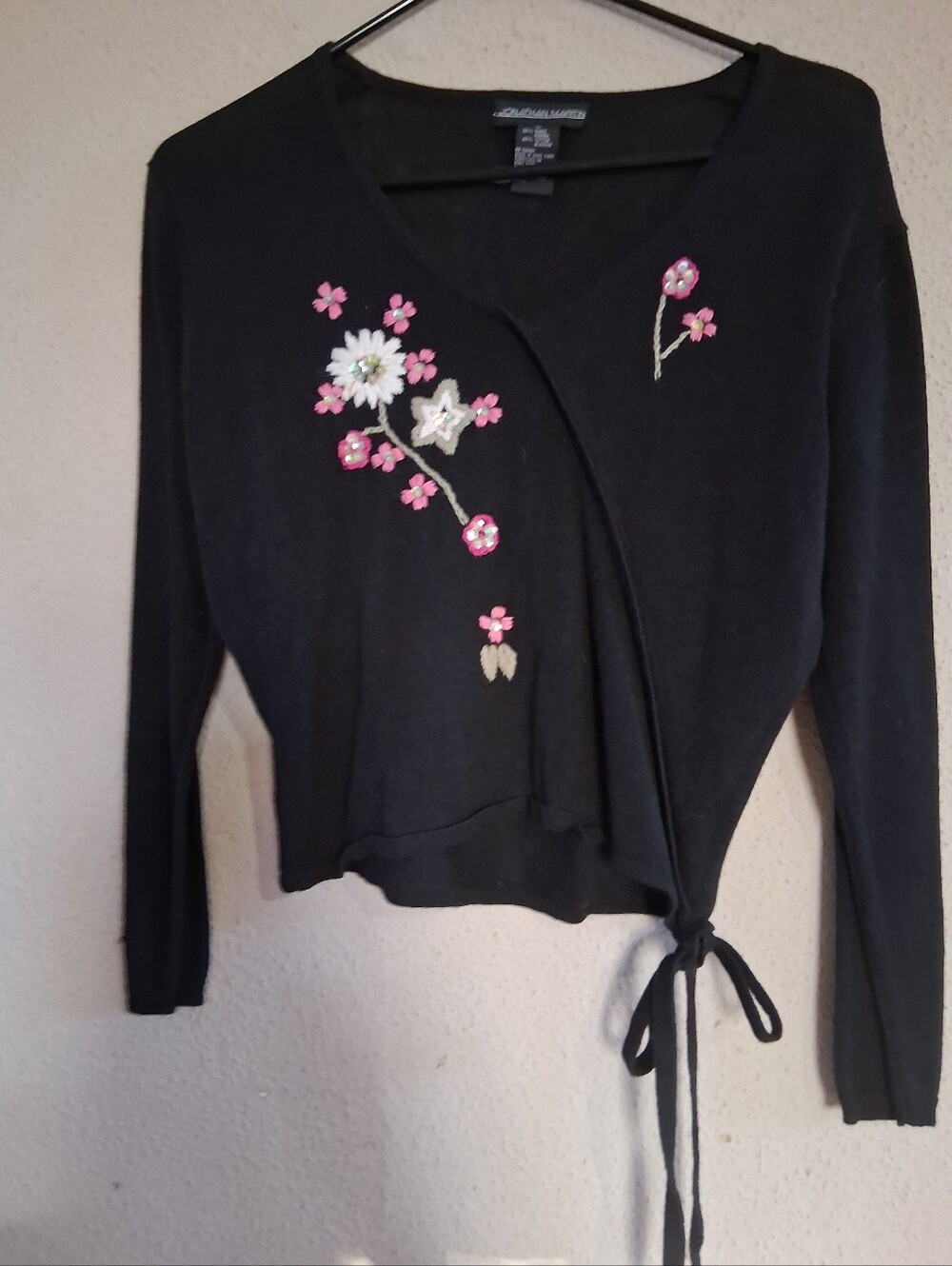 Vintage Jonathan Martin black floral embroidered ballet wrap sweater.